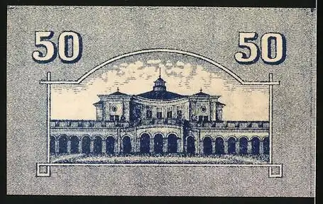 Notgeld Bad Kissingen 1918, 50 Pfennig, Stadtgutschein mit Gebäudeabbildung