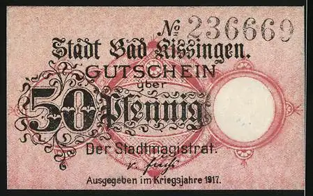 Notgeld Bad Kissingen 1917, 50 Pfennig, Stadtansicht und Seriennummer 236669