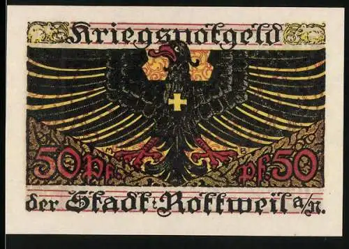 Notgeld Rottweil 1918, 50 Pfennig, Kriegsnotgeld mit Adler und Stadtwappen, ausgegeben im Januar 1918