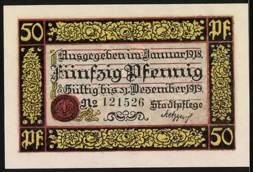 Notgeld Rottweil 1918, 50 Pfennig, Kriegsnotgeld mit Adler und Stadtwappen, ausgegeben im Januar 1918