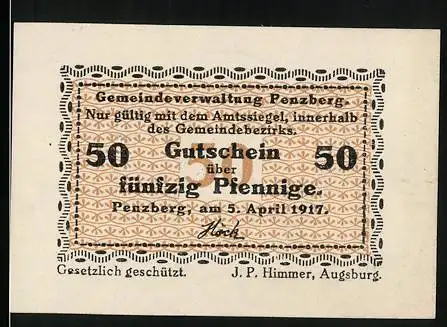 Notgeld Penzberg, 1917, 50 Pfennig, Gutschein der Gemeindeverwaltung Penzberg mit Amstsiegel