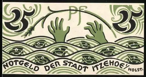 Notgeld Itzehoe 1921, 25 Pfennig, mit Ertrinkendem und Getreidezweig, Seriennummer 13262, ungültig ab 30. September 192