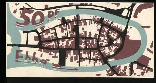 Notgeld Itzehoe, 1921, 50 Pf, Karte der Stadt und Text in verschiedenen Schriftarten
