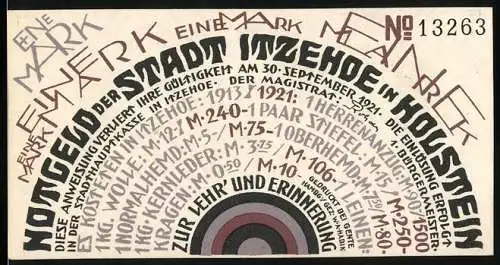 Notgeld Itzehoe 1921, 1 Mark, Lehr- und Erinnerungsnote der Stadt Itzehoe in Holstein