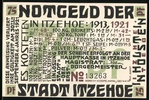 Notgeld Itzehoe 1913, 1921, 75 Pfennig, Stadt Itzehoe mit Hahn und Text Wat mutt dat mutt und Ist ok keen Gold ...