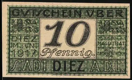 Notgeld Diez 1917, 10 Pfennig, grüne Umrandung mit Löwenabbildungen