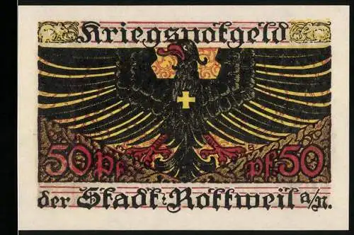 Notgeld Rottweil 1918, 50 Pfennig, Kriegsgeld mit Adler und floralen Mustern, gültig bis Dezember 1919