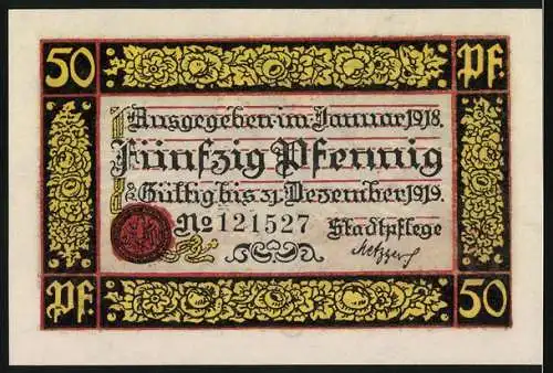 Notgeld Rottweil 1918, 50 Pfennig, Kriegsgeld mit Adler und floralen Mustern, gültig bis Dezember 1919