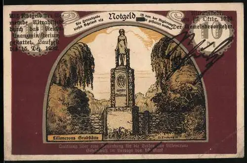 Notgeld Altrahlstedt 1922, 10 Mark, Liliencrons Grabstätte und Landschaft mit Gedicht und Mann