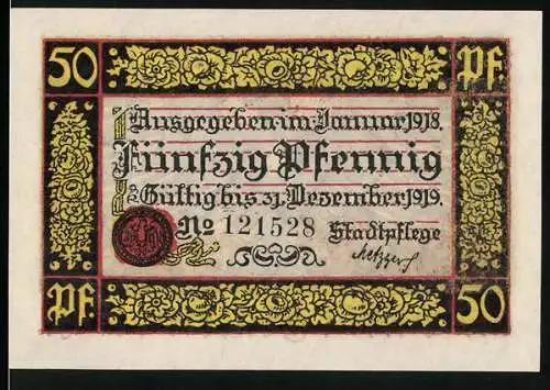 Notgeld Rottweil 1918, 50 Pfennig, Kriegsgeld mit Adler und Stadtpflege-Siegel