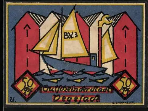 Notgeld Vegesack, 1921, 50 Pf, Segelboot mit Häusern und Industrie auf Vorderseite, Rückseite mit Erklärung und Dekor
