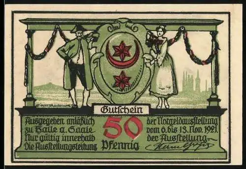 Notgeld Halle an der Saale 1921, 50 Pfennig, Gutschein zur Notgeldausstellun, Der Hallenser