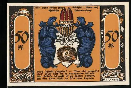 Notgeld Köslin, 1921, 50 Pf, Arbeiter mit Gänsen und Stadtwappen