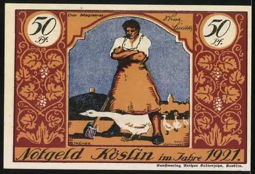 Notgeld Köslin, 1921, 50 Pf, Arbeiter mit Gänsen und Stadtwappen