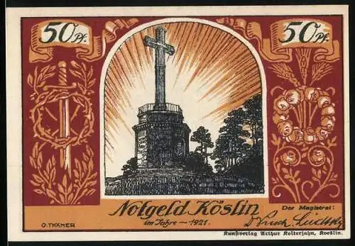Notgeld Köslin 1921, 50 Pfennig, Denkmal mit Kreuz und Stadtwappen im Ornamentrahmen