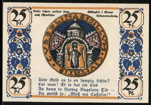 Notgeld Köslin 1921, 25 Pfennig, historische Darstellungen und Inschriften, Gültigkeit 1 Monat