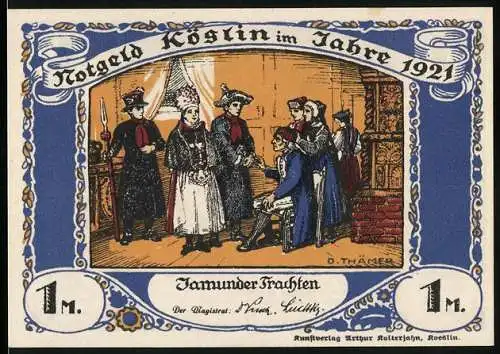 Notgeld Köslin 1921, 1 Mark, Jamunder Trachten mit historischem Stadtwappen und Darstellung der Kriegsopfer
