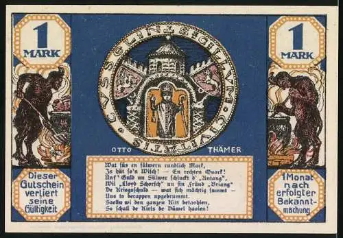 Notgeld Köslin 1921, 1 Mark, Jamunder Trachten mit historischem Stadtwappen und Darstellung der Kriegsopfer