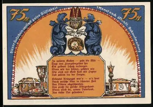 Notgeld Köslin, 1921, 75 Pf, Stadtansicht und Wappen mit Gedicht