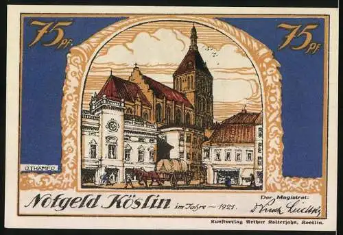 Notgeld Köslin, 1921, 75 Pf, Stadtansicht und Wappen mit Gedicht