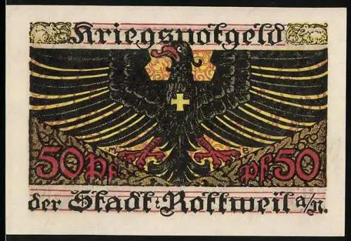 Notgeld Rottweil 1918, 50 Pfennig, Kriegsnotgeld mit Adler und Stadtwappen, Ausgabe bis 1919