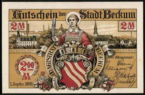 Notgeld Beckum, 1920, 2 Mark, Stadtwappen und St. Stephanus, Seriennummer 36352