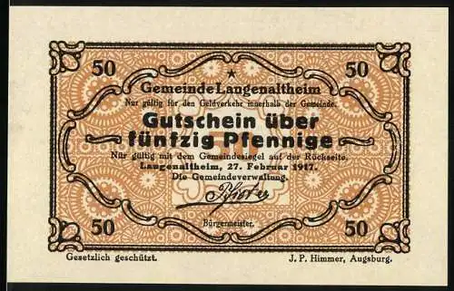 Notgeld Langenaltheim, 1917, 50 Pfennig, Gutschein über fünfzig Pfennige, Gemeinde Langenaltheim