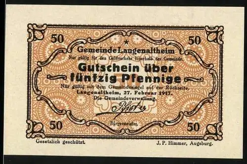 Notgeld Langenaltheim 1917, 50 Pfennig, Gutschein über fünfzig Pfennig mit Gemeinde- und Königreich Bayern-Siegel