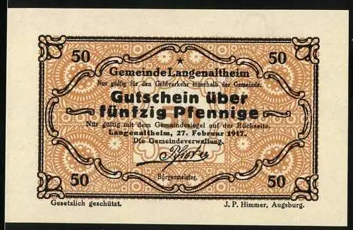 Notgeld Langenaltheim, 1917, 50 Pfennig, Gutschein über fünfzig Pfennige mit Gemeindesiegel