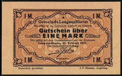 Notgeld Langenaltheim, 1917, 1 Mark, Gutschein der Gemeinde mit Gemeindesiegel