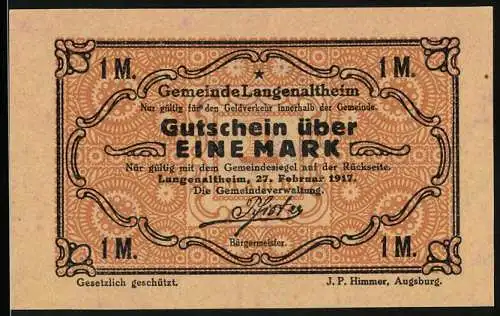 Notgeld Langenaltheim, 1917, Gutschein über eine Mark, bedruckt mit dekorativem Muster und Gemeindesiegel