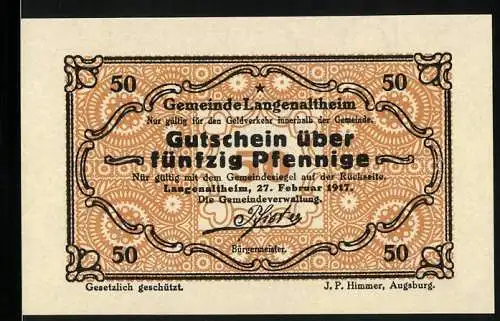 Notgeld Langenaltheim, 1917, 50 Pfennig, Gutschein über fünfzig Pfennige, Gemeindesiegel auf der Rückseite