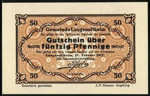 Notgeld Langenaltheim, 1917, 50 Pfennig, Gutschein der Gemeinde mit Gemeindesiegel auf Rückseite