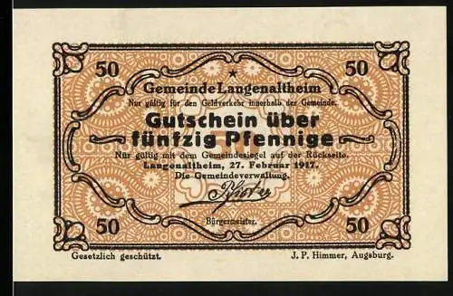 Notgeld Langenaltheim 1917, 50 Pfennig, Gutschein über fünfzig Pfennige mit Gemeindesiegel, gesetzlich geschützt
