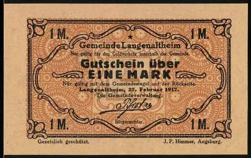 Notgeld Langenaltheim, 1917, 1 Mark, Gutschein über eine Mark, Gemeinde Langenaltheim