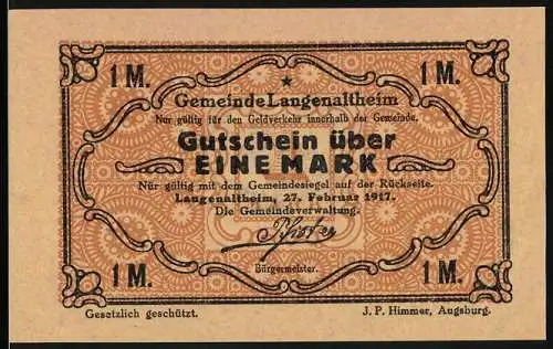 Notgeld Langenaltheim 1917, eine Mark, Gutschein der Gemeinde mit Gemeindesiegel auf Rückseite