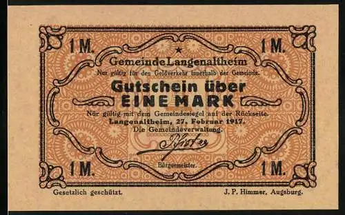 Notgeld Langenaltheim 1917, 1 Mark, Gutschein über eine Mark mit Gemeindesiegel