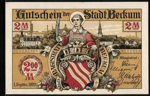 Notgeld Beckum, 1920, 2 Mark, Gutschein der Stadt Beckum, farbenfrohes Stadtwappen und historische Gebäude