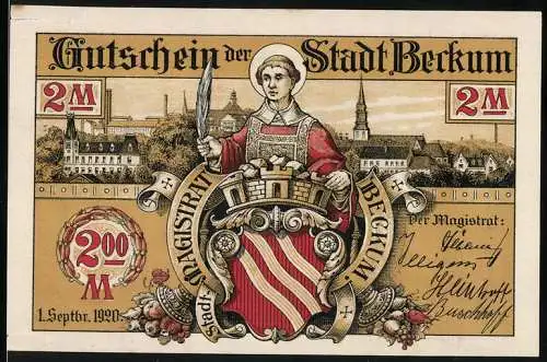 Notgeld Beckum, 1920, 2 Mark, Stadtansicht mit Wappen und Magistratssiegel