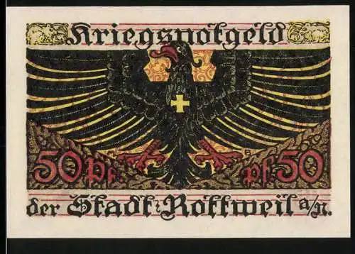 Notgeld Rottweil 1918, 50 Pfennig, Kriegsnotgeld mit Adler und floralen Mustern, gültig bis 31. Dezember 1919