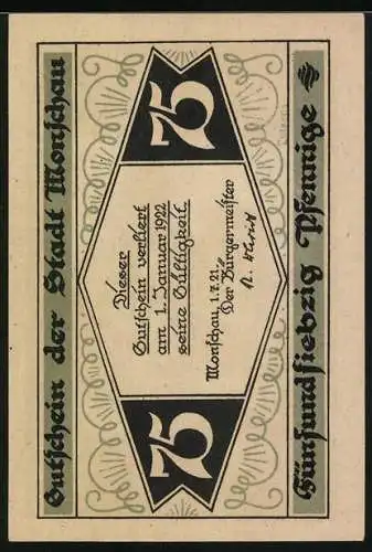 Notgeld Monschau, 1921, 75 Pfennig, Ruine Haller und Text auf Vorderseite