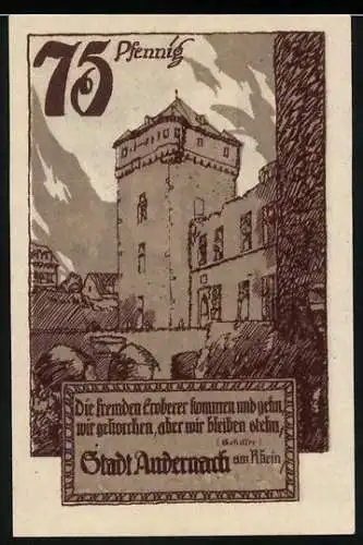 Notgeld Andernach 1920, 75 Pfennig, Stadtansicht mit historischem Gebäude und Stadtwappen