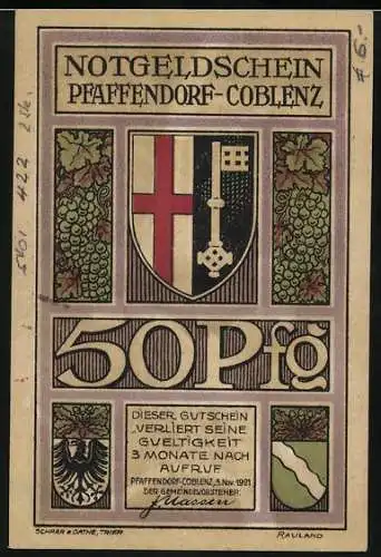 Notgeld Pfaffendorf-Coblenz, 1921, 50 Pfennig, Wappen und Weinreben, Handschlag über Karte von Rhein und Mosel