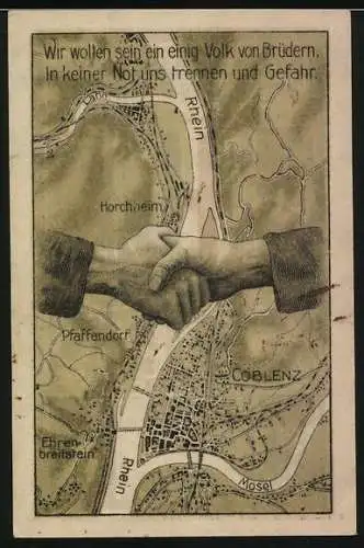 Notgeld Pfaffendorf-Coblenz, 1921, 50 Pfennig, Wappen und Weinreben, Handschlag über Karte von Rhein und Mosel