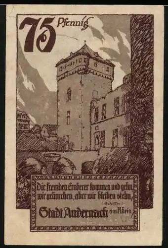 Notgeld Andernach, 1920, 75 Pfennig, Stadtturm und Stadtwappen