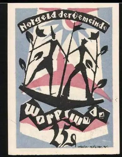 Notgeld Worpswede, 25 Pfennig, Zwei stilisierte Personen in einem Boot und Wertangabe 25 in einem Boot mit Blumen