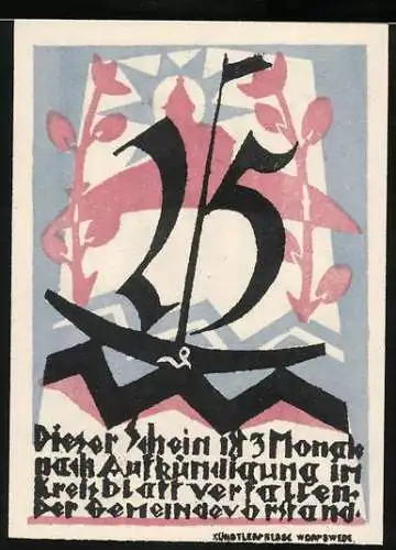 Notgeld Worpswede, 1921, 25 Pfennig, Kunstvolle Gestaltung mit Segelboot und Figuren