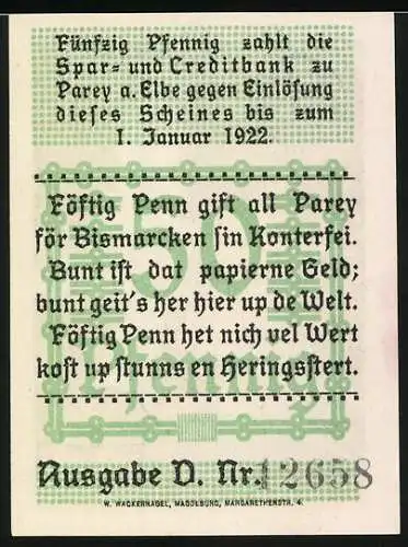 Notgeld Parey a. Elbe, 1921, 50 Pfennig, Bismarck Porträt und Gebäude im Hintergrund