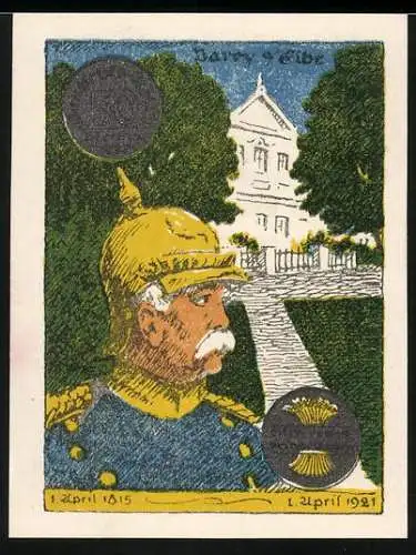 Notgeld Parey an der Elbe 1921, 50 Pfennig, Reichskanzler Bismarck mit Pickelhaube vor Gebäude mit Garten