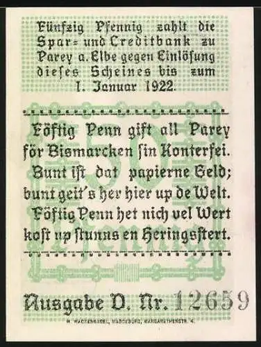 Notgeld Parey an der Elbe 1921, 50 Pfennig, Reichskanzler Bismarck mit Pickelhaube vor Gebäude mit Garten